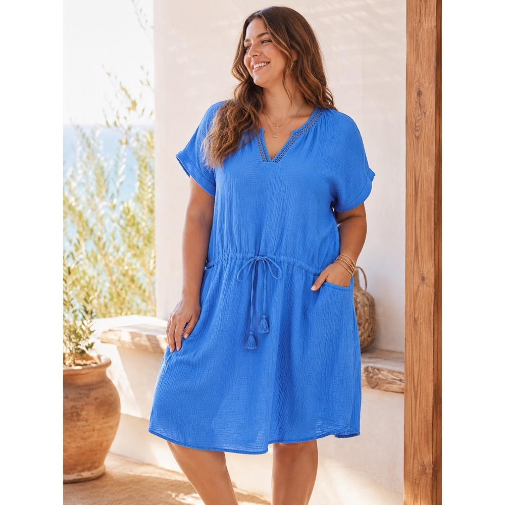 Talbots Plus 100% Cotton Gauze Dress 3X Blue Crochet Drawstring Waist Pocket